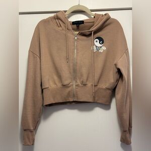 Faded Rose Cropped Zip-Up Hoodie with Yin Yang Daisy Graphic